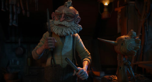 Geppetto e Pinocchio in una scena del film di Del Toro